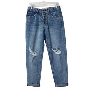 NWT Distressed Button Fly Mom Jeans Jrs Size 9 Boho Trendy Grunge Casual Skater